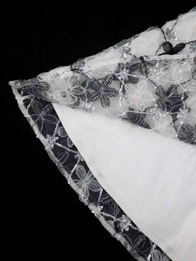 AOMEIDRESS Elegant Off Shoulder Dress Ruffle Neck Mesh Sequin Overlay