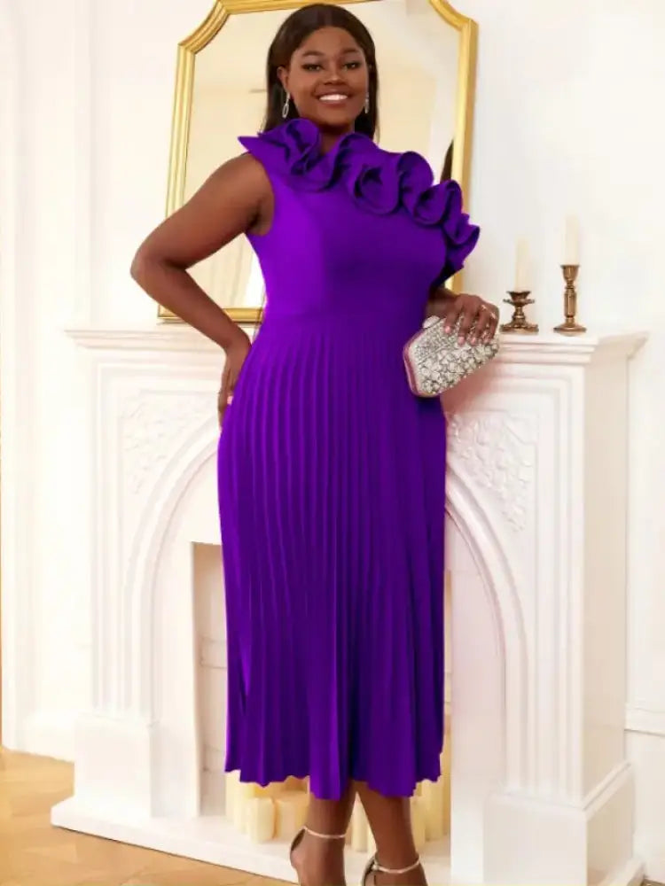 AOMEIDRESS Elegant One Shoulder Ruffle Pleated A Line Party Dress Purple / S