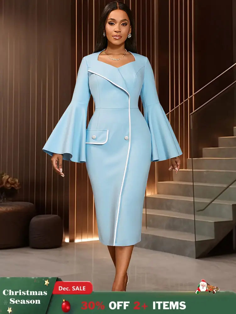 AOMEIDRESS Elegant Package Hip Dress Sweetheart Neck Flare Sleeves LightBlue / S