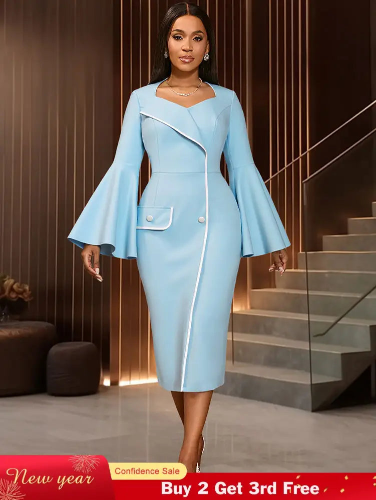 AOMEIDRESS Elegant Package Hip Dress Sweetheart Neck Flare Sleeves LightBlue / S