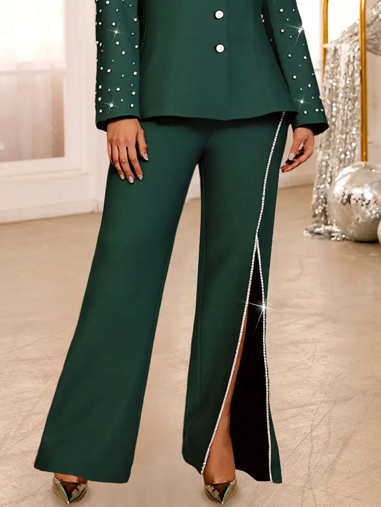 AOMEIDRESS Elegant Pants Side Slit Pearls Beaded Wide Leg Office Wear