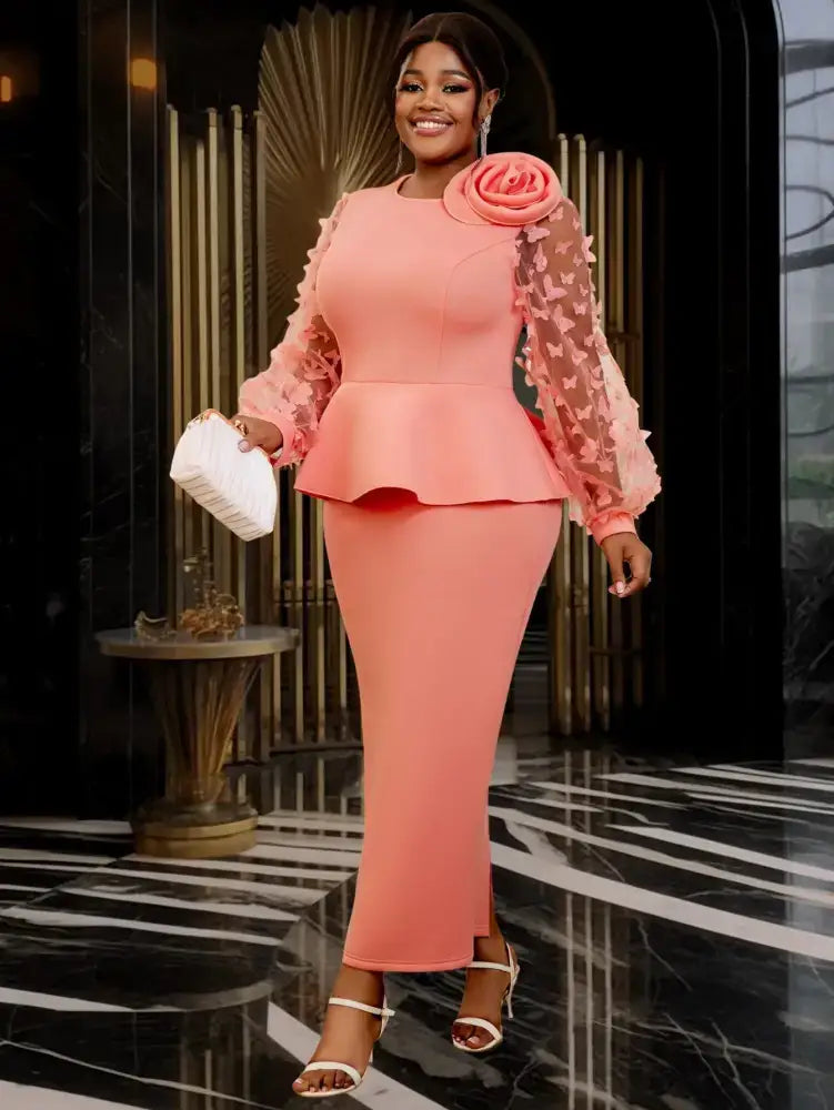 AOMEIDRESS Pink Maxi Dress O Neck Sheer Lantern Sleeve with 3D Flower Pink / S