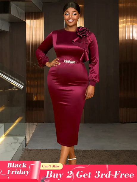 AOMEIDRESS Elegant Party Wedding Dress with 3D Flower Rhinestone Belt Wine / S