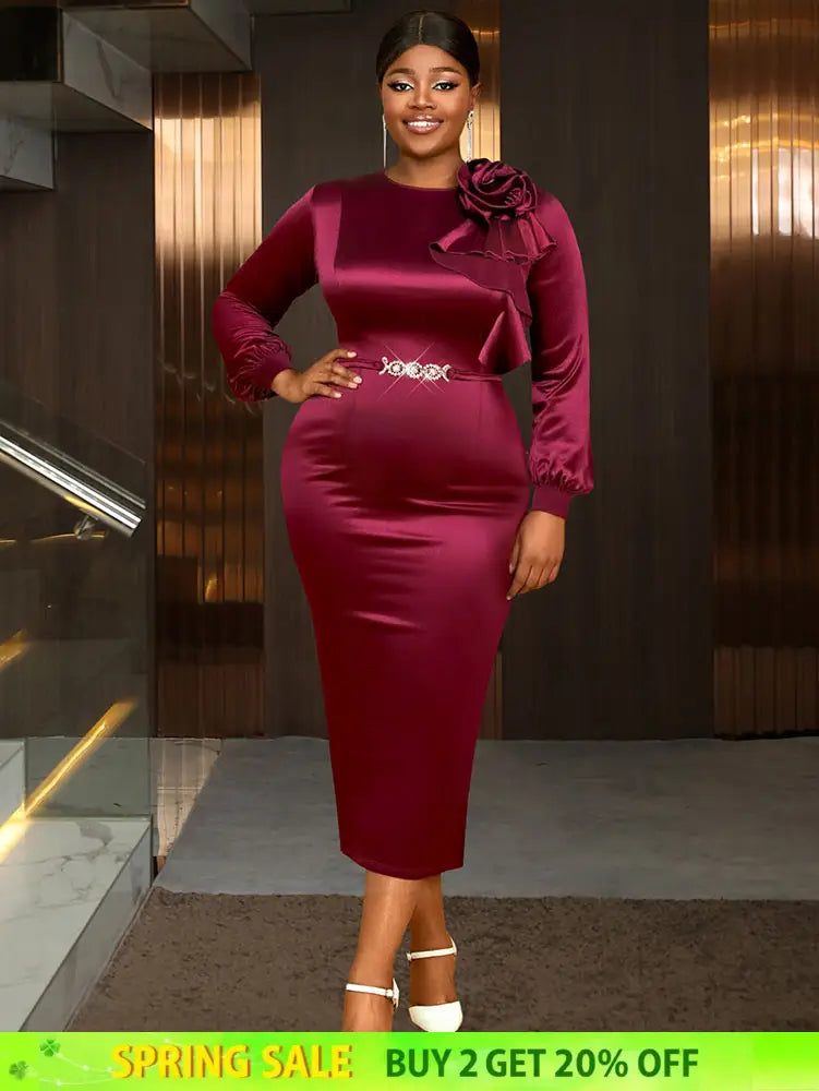 AOMEIDRESS Elegant Party Wedding Dress with 3D Flower Rhinestone Belt Wine / S