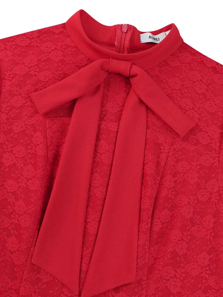 AOMEIDRESS Elegant Party Wedding Dress with Bow A Line Pleated Lace