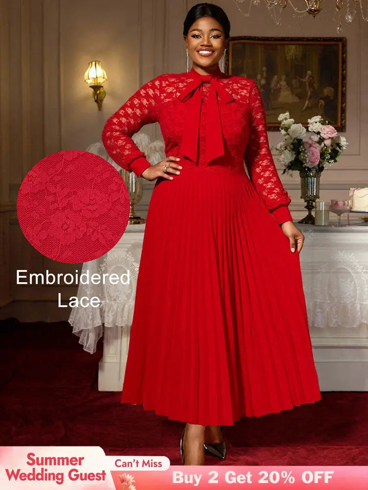 AOMEIDRESS Elegant Party Wedding Dress with Bow A Line Pleated Lace Red / S