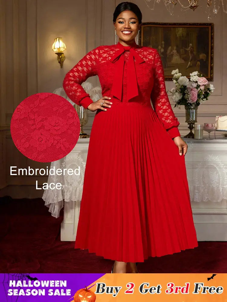 AOMEIDRESS Elegant Party Wedding Dress with Bow A Line Pleated Lace Red / S