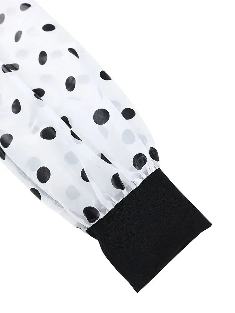 AOMEIDRESS Elegant Pencil Dress Dot Sheer Puff Sleeve Button Gowns