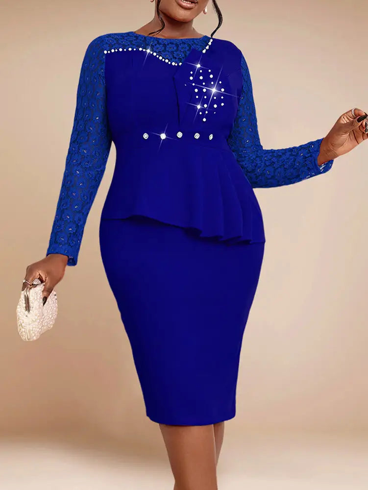 AOMEIDRESS Elegant Peplum Lace Dress with Beading for Church Office Blue / S