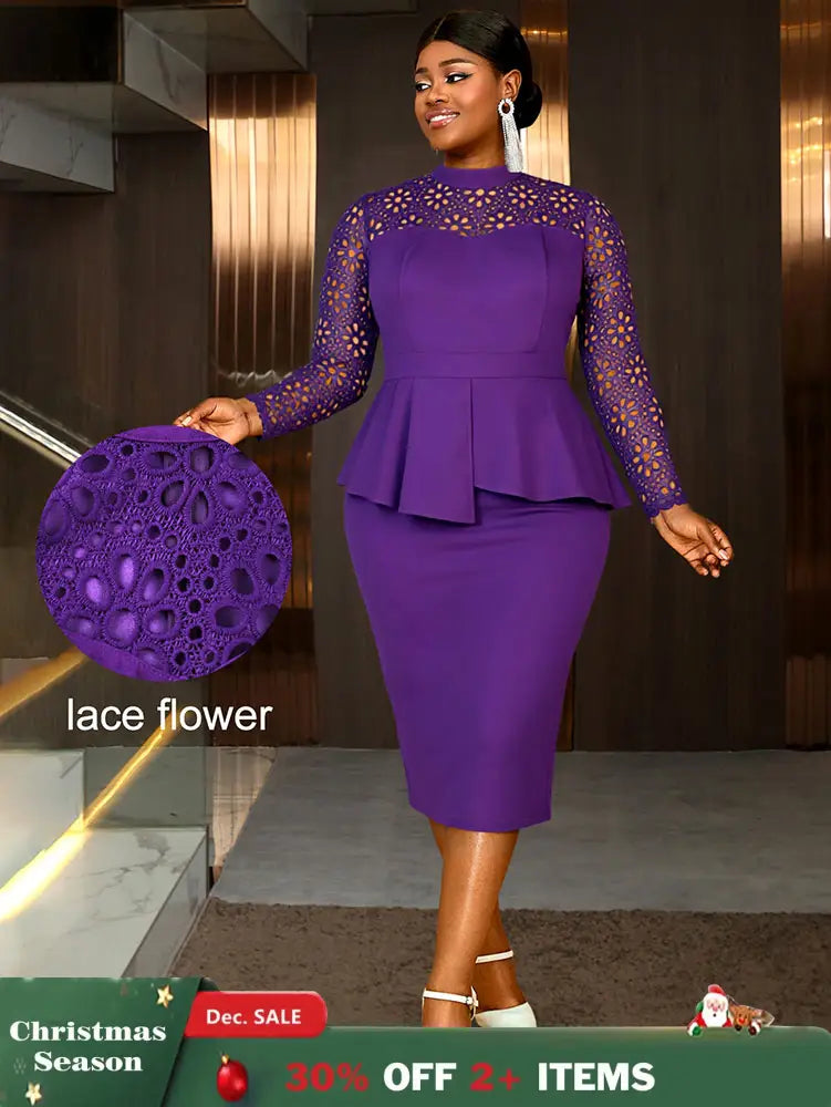 AOMEIDRESS Elegant Peplum Lace Dress with Long Sleeve for Party Church DP / S