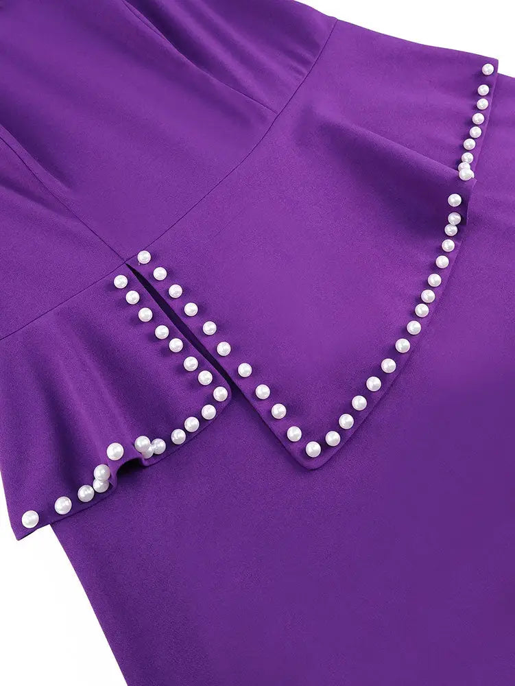 AOMEIDRESS Elegant Peplum Midi Dress with Beading for Party Church