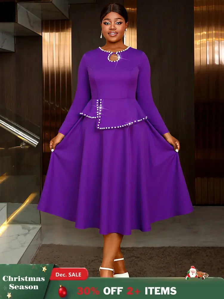 AOMEIDRESS Elegant Peplum Midi Dress with Beading for Party Church DarkPurple / S