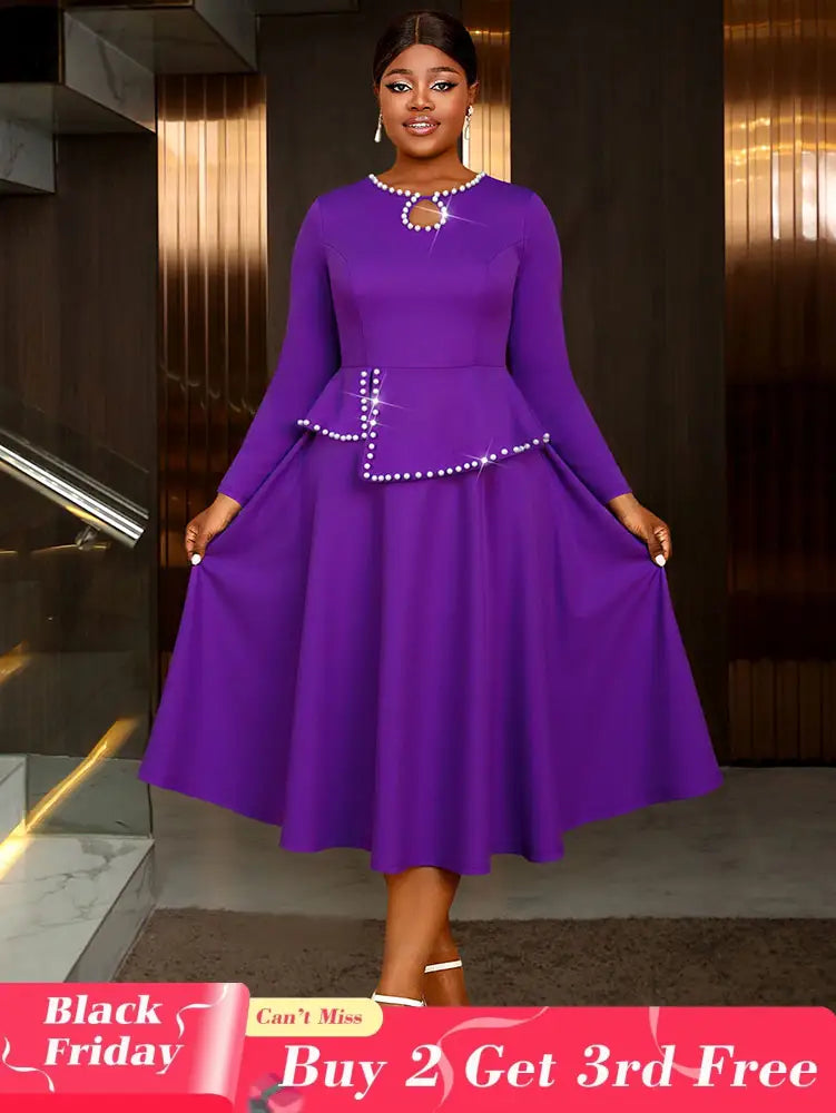 AOMEIDRESS Elegant Peplum Midi Dress with Beading for Party Church DarkPurple / S