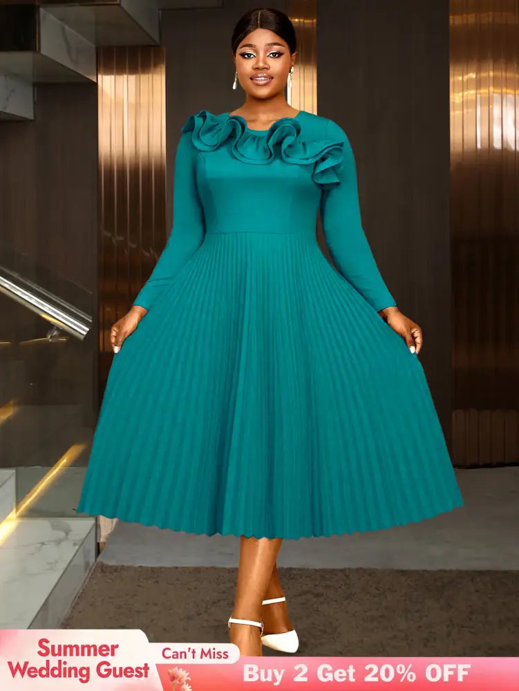AOMEIDRESS Elegant Peplum Pleated Dress for Party Wedding Christmas LakeGreen / S