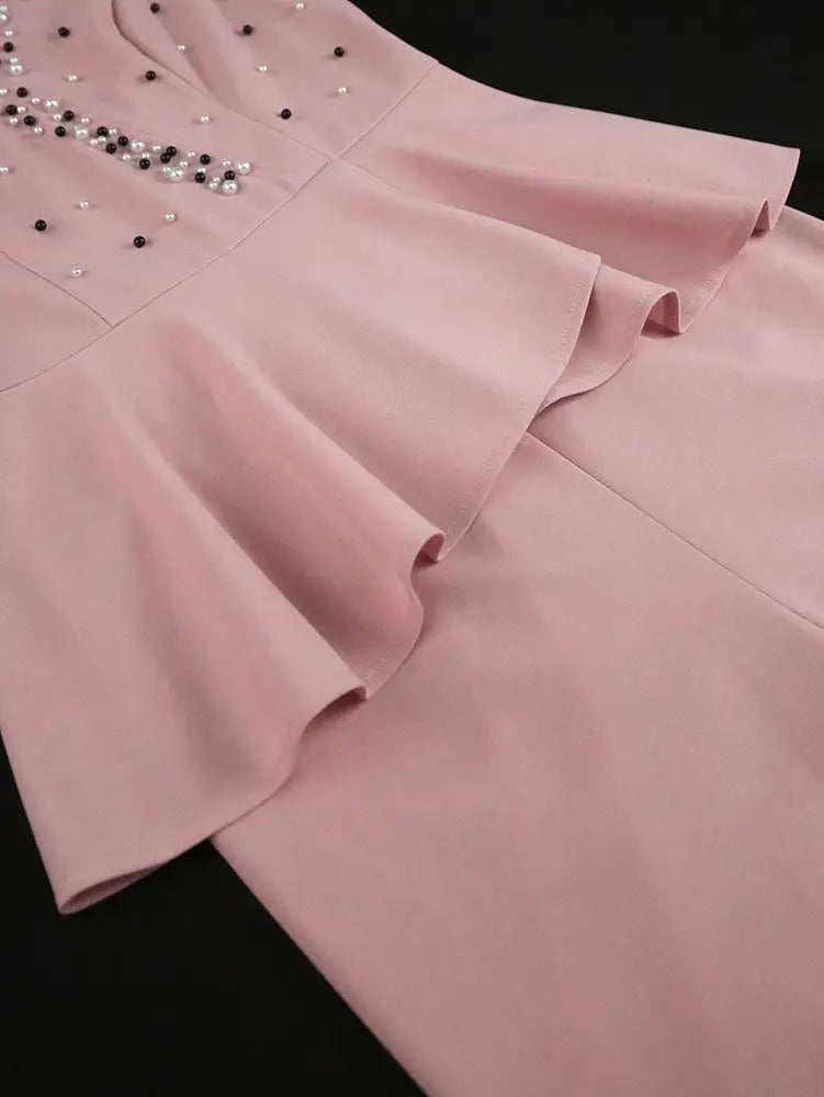 AOMEIDRESS Elegant Pink Beaded Peplum Flare Sleeve Office Jumpsuit