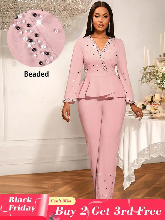 AOMEIDRESS Elegant Pink Beaded Peplum Flare Sleeve Office Jumpsuit Pink / S