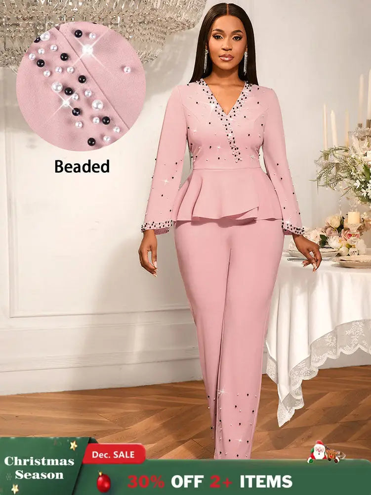 AOMEIDRESS Elegant Pink Beaded Peplum Flare Sleeve Office Jumpsuit Pink / S