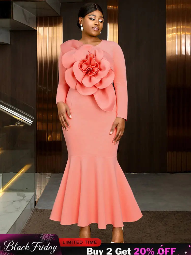 AOMEIDRESS Elegant Pink Maxi Mermaid Dress with 3D Flower for Wedding Pink / S