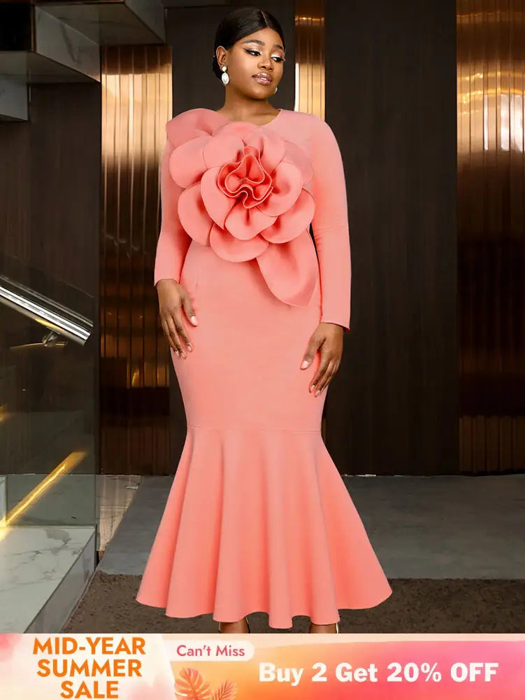 AOMEIDRESS Elegant Pink Maxi Mermaid Dress with 3D Flower for Wedding Pink / S