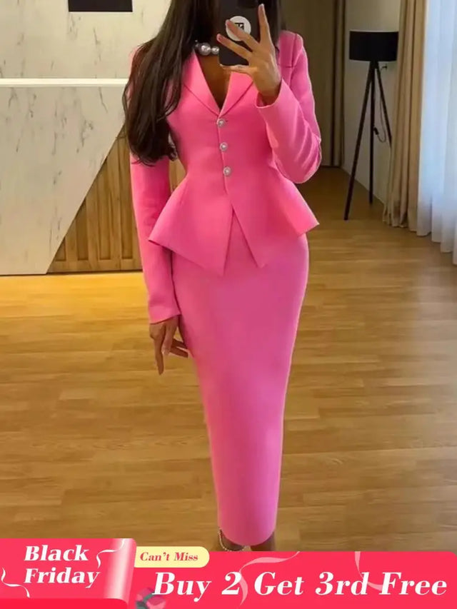 AOMEIDRESS Elegant Pink Two Piece Set Blazer Tops with Skirt for Party Pink / S