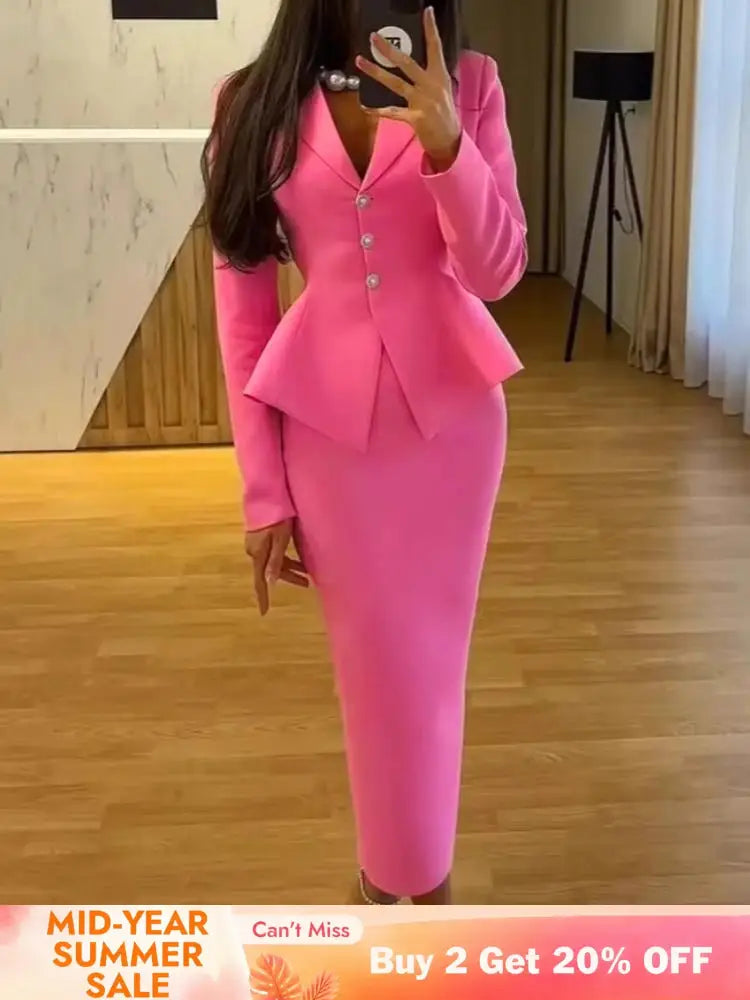 AOMEIDRESS Elegant Pink Two Piece Set Blazer Tops with Skirt for Party Pink / S