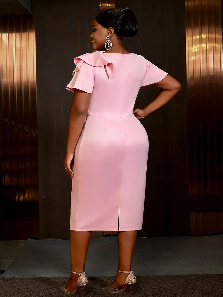 AOMEIDRESS Elegant Pink V Neck Party Outfits For Women Ruffles Bow