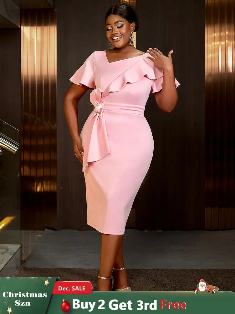 AOMEIDRESS Elegant Pink V Neck Party Outfits For Women Ruffles Bow Pink / S