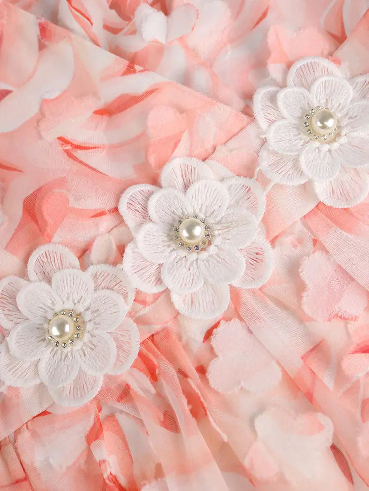 AOMEIDRESS Elegant Pink Wedding Guest Dress A Line 3D Floral Applique