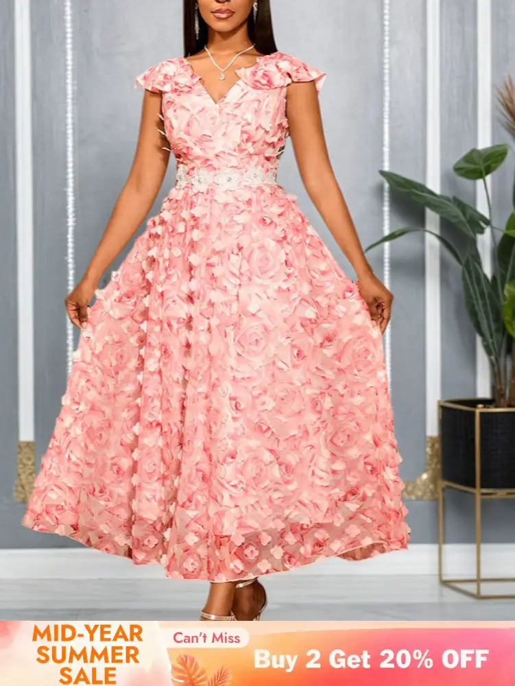 AOMEIDRESS Elegant Pink Wedding Guest Dress A Line 3D Floral Applique Pink / S