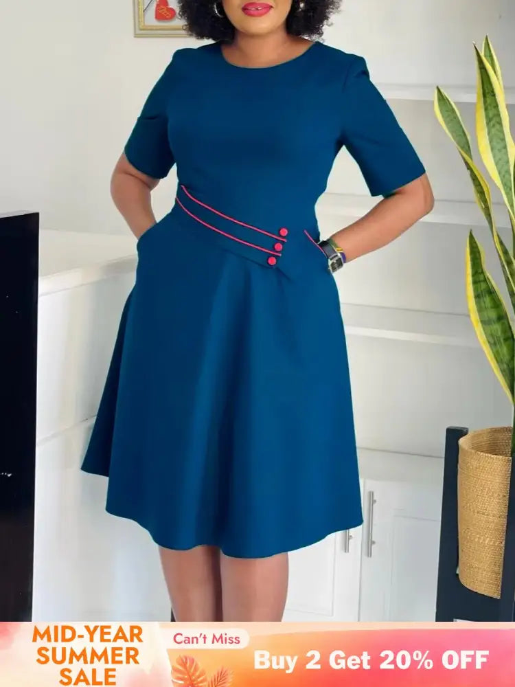 AOMEIDRESS Elegant Pleated A Line Dress O Neck Short Sleeve Buttons