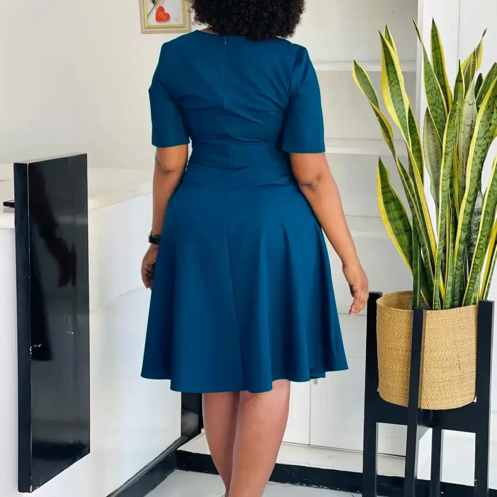 AOMEIDRESS Elegant Pleated A Line Dress O Neck Short Sleeve Buttons