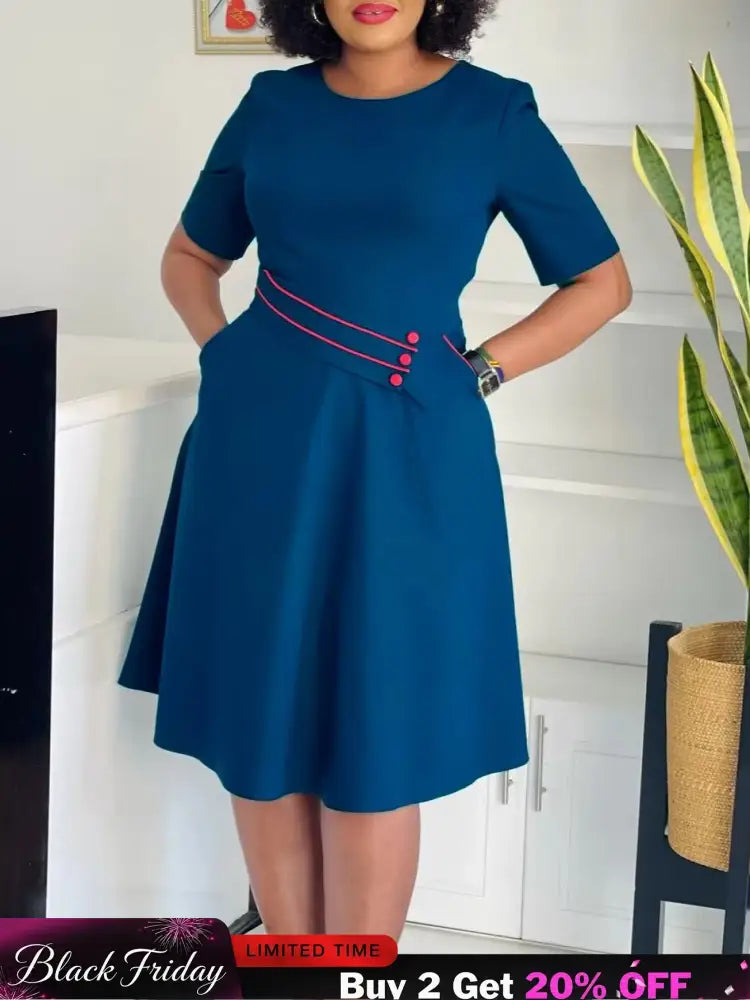 AOMEIDRESS Elegant Pleated A Line Dress O Neck Short Sleeve Buttons