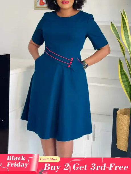 AOMEIDRESS Elegant Pleated A Line Dress O Neck Short Sleeve Buttons