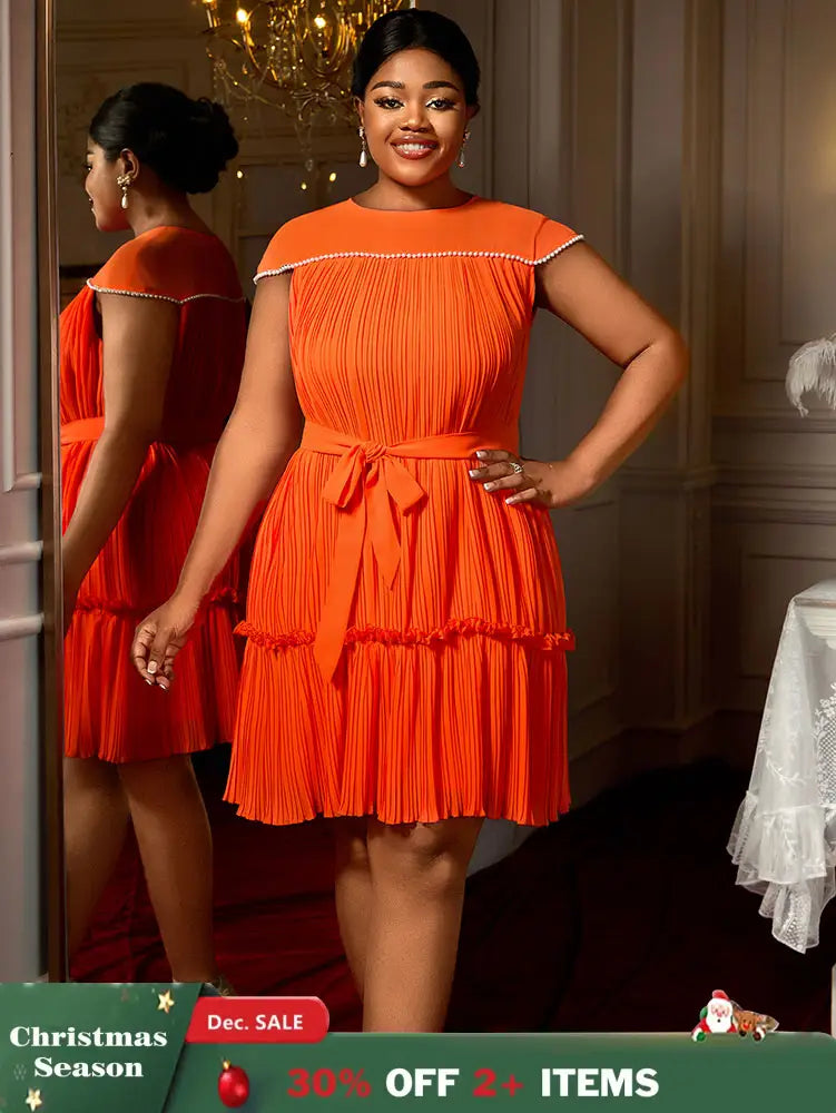 AOMEIDRESS Elegant Pleated Beaded Dress With Lace Up For Wedding Guest Orange / 0XL