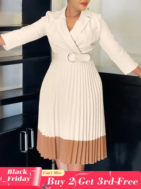 AOMEIDRESS Elegant Pleated Dress Notched Collar Wrist Sleeve Color Block