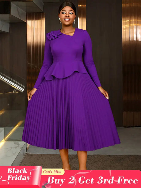 AOMEIDRESS Elegant Pleated Peplum Long Sleeve Dress For Office Church DarkPurple / S