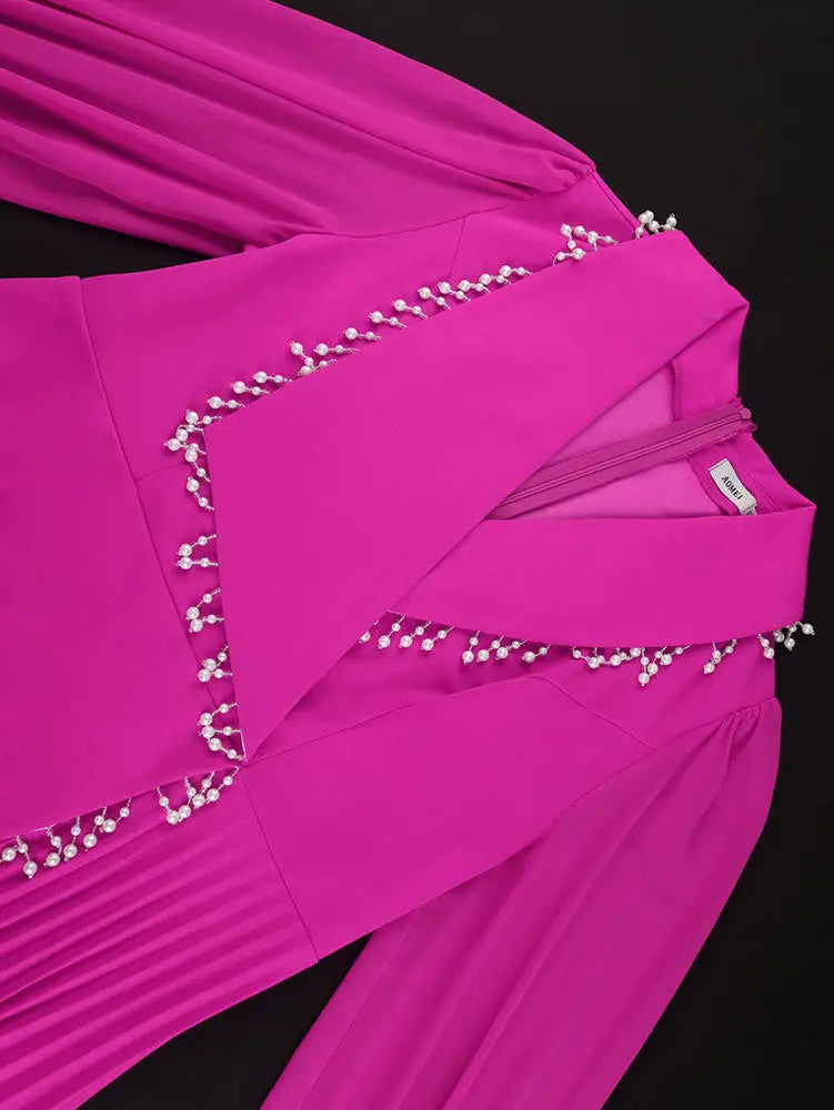 AOMEIDRESS Elegant Pleated Tassel Dress For Evening Long Sheer Sleeve