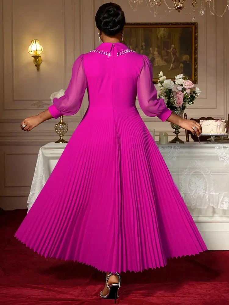 AOMEIDRESS Elegant Pleated Tassel Dress For Evening Long Sheer Sleeve