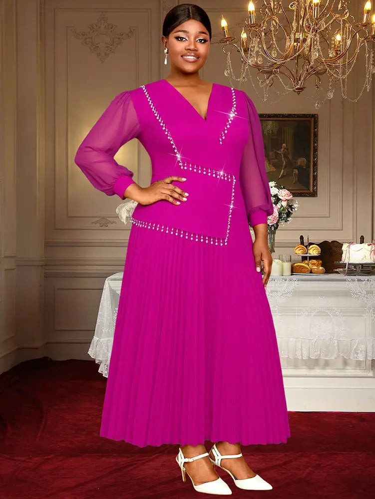 AOMEIDRESS Elegant Pleated Tassel Dress For Evening Long Sheer Sleeve