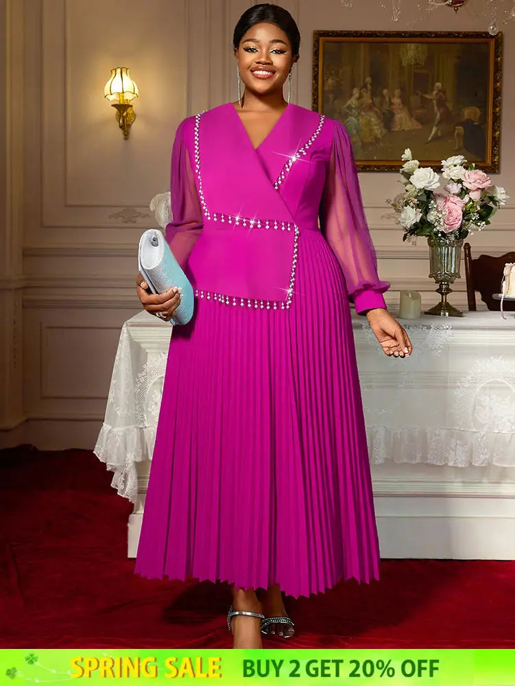 AOMEIDRESS Elegant Pleated Tassel Dress For Evening Long Sheer Sleeve Rose / S