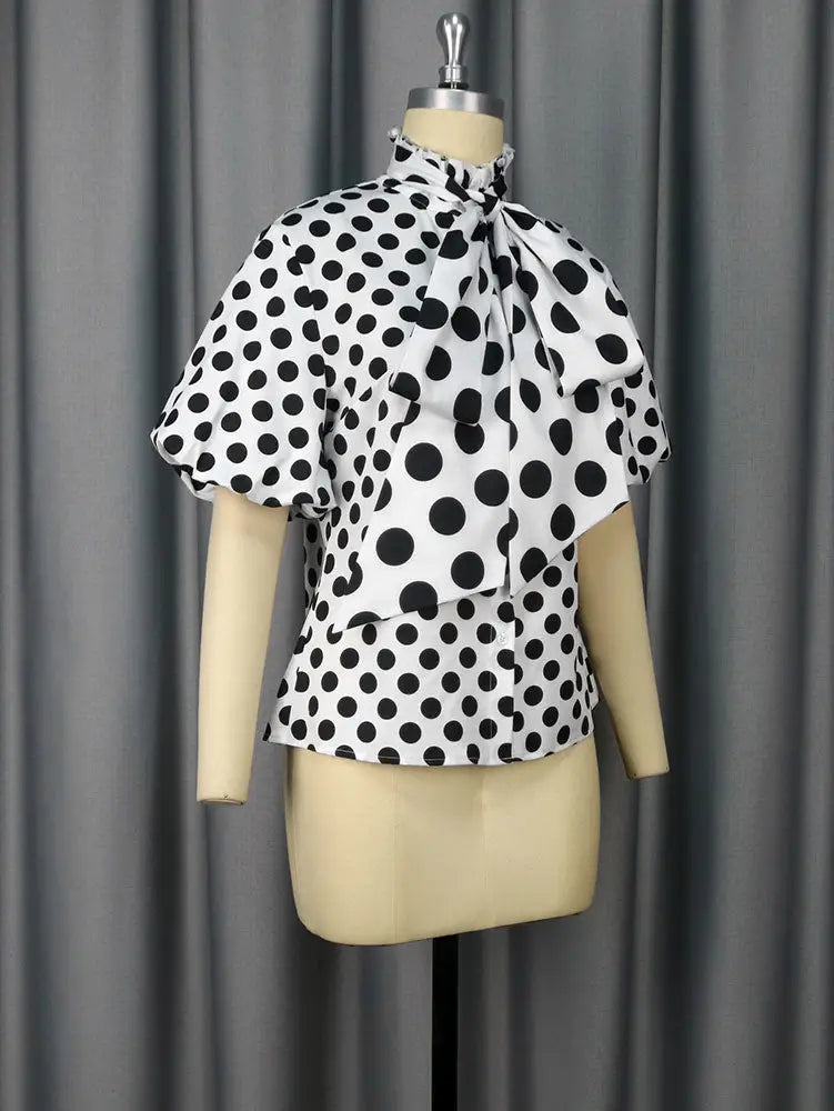 AOMEIDRESS Elegant Polka Dot Causal Blouse Bow Neck Short Sleeves