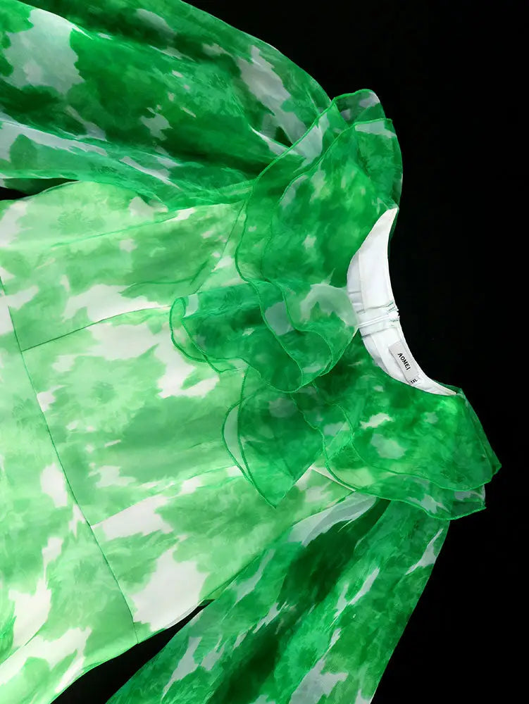 AOMEIDRESS Elegant Print A Line Midi Party Dress O Neck Latern Sleeves