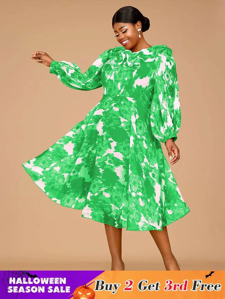 AOMEIDRESS Elegant Print A Line Midi Party Dress O Neck Latern Sleeves Green / S