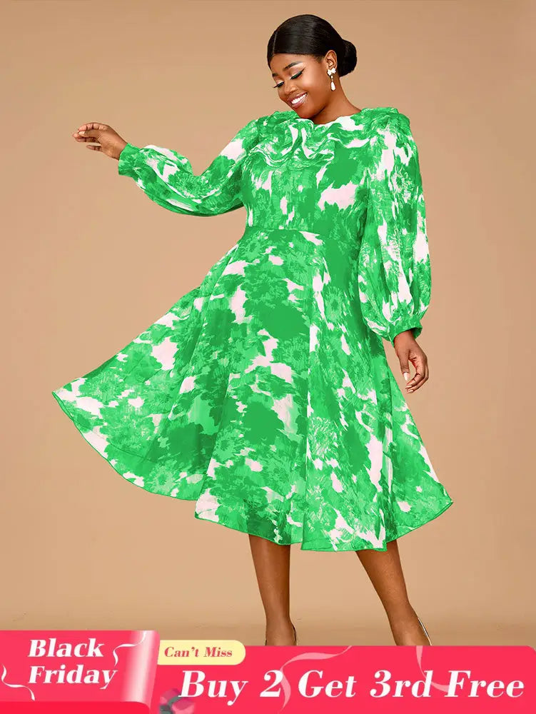 AOMEIDRESS Elegant Print A Line Midi Party Dress O Neck Latern Sleeves Green / S