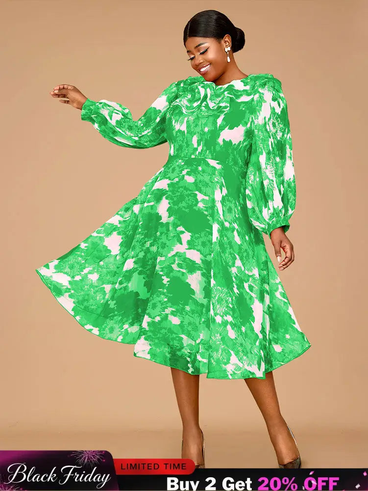 AOMEIDRESS Elegant Print A Line Midi Party Dress O Neck Latern Sleeves Green / S