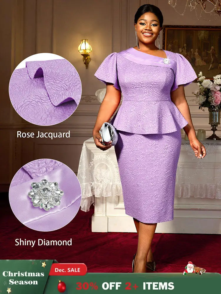 AOMEIDRESS Elegant Purple Jacquard Peplum Dress for Wedding Church Purple / S