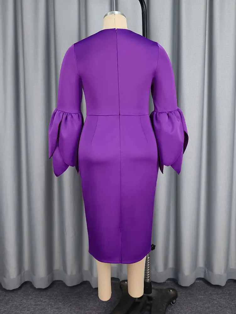AOMEIDRESS Elegant Purple Midi Dress for Party Wedding Ruffles Sleeve