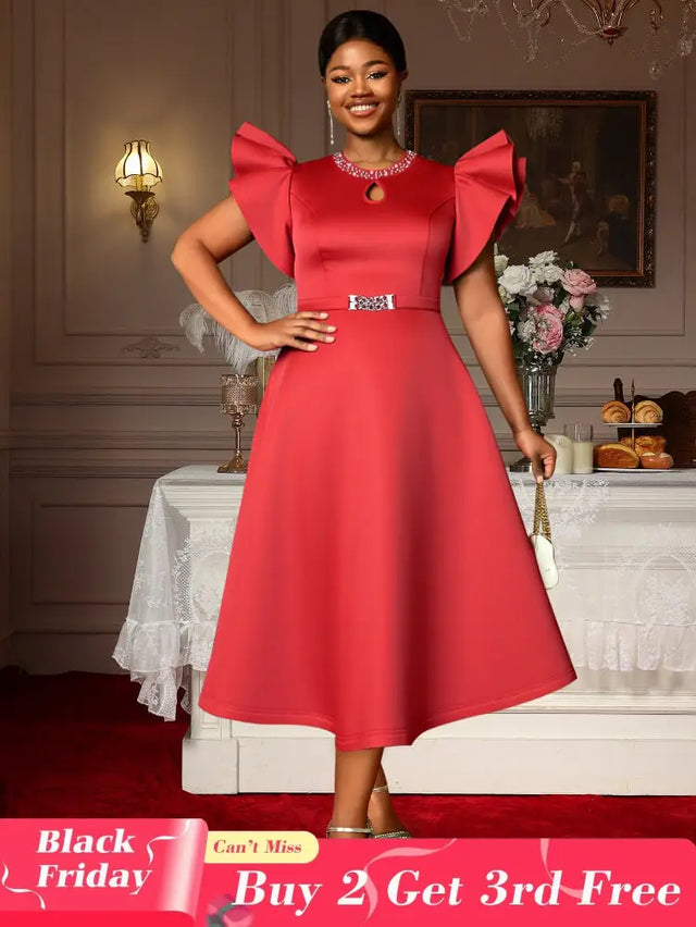 AOMEIDRESS Elegant Red A Line Ruffle Dress for Wedding Christmas Red / S