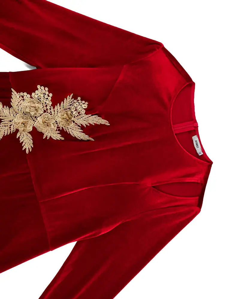 AOMEIDRESS Elegant Red Velvet Dress for Wedding Embroidery Cut Out