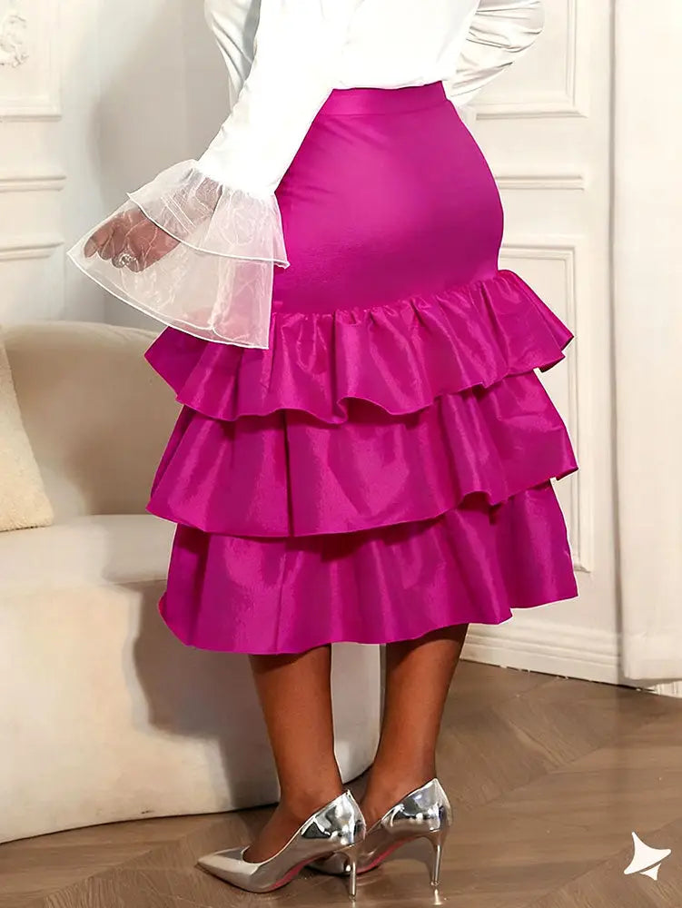 AOMEIDRESS Elegant Rose Package Hip Skirt High Waist Tierred Ruffles